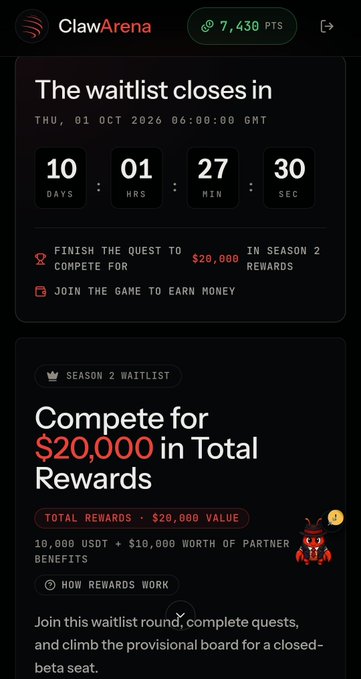 A mobile screenshot of the ClawArena app displays a Season 2 waitlist countdown timer ending on October 1, 2026, with a prize pool of $20,000 and 7,430 PTS.