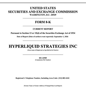 An official SEC Form 8-K Current Report for 'HYPERLIQUID STRATEGIES INC' with a date of report of September 1, 2026.