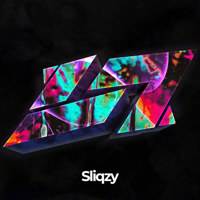 A vibrant, cosmic-themed logo featuring sharp geometric shards with swirling pink, teal, and purple nebula patterns, with the word "Sliqzy" displayed beneath it, representing a collaboration with @Lucky7Gaming.