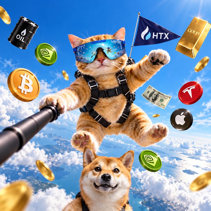 A skydiving orange tabby cat wearing reflective sunglasses and an HTX flag harnessed to a Shiba Inu snaps a selfie mid-air, surrounded by floating Bitcoin, gold bars, oil barrels, US dollars, and tech/crypto logos (Apple, Tesla). The playful "gm future millionaires" vibe is captured perfectly by the fearless pets diving into the trading week with all their favorite assets in tow.