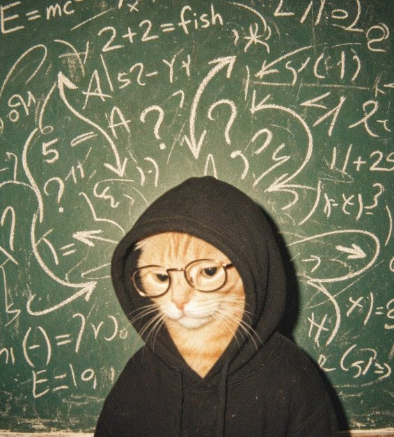 An orange cat wearing black-rimmed glasses and a black hoodie sits in front of a green chalkboard covered with white chalk mathematical equations and question marks.