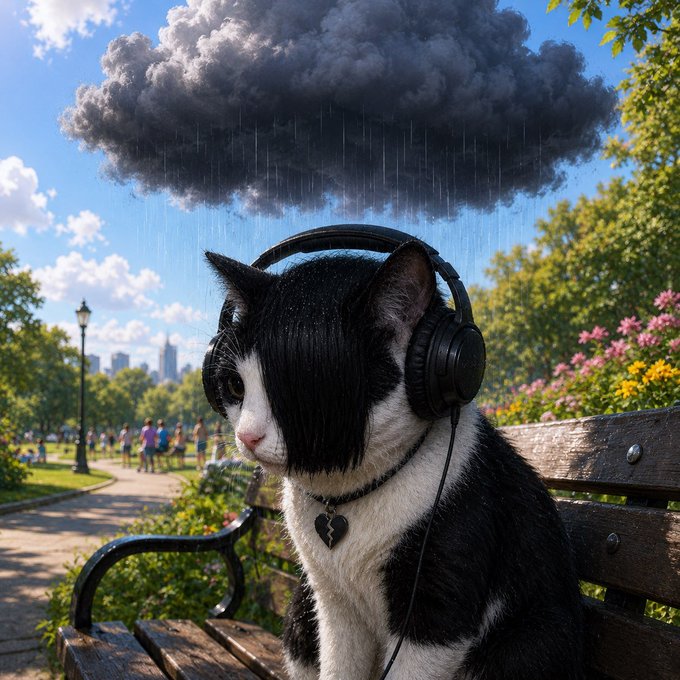 A tuxedo cat wearing black headphones sits on a wooden park bench, looking downcast as a single dark raincloud rains on it overhead, while the rest of the sunny park remains clear and people stroll in the background.