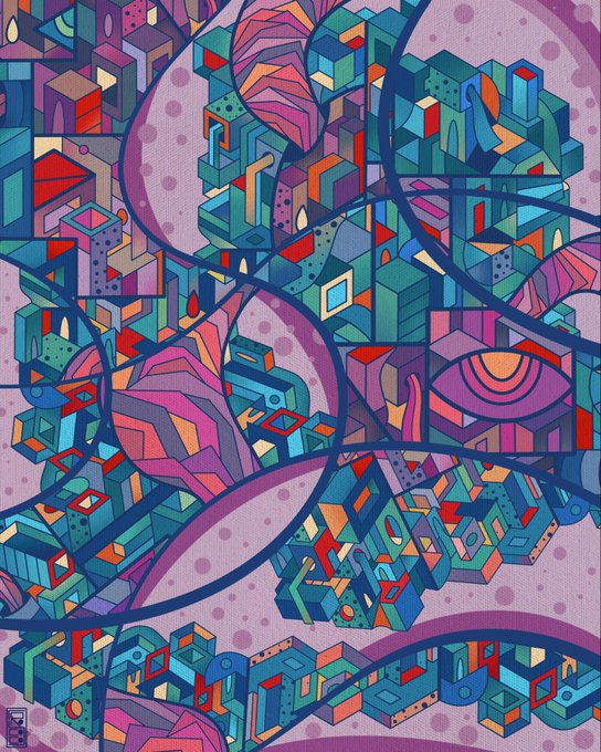 A vibrant abstract artwork featuring a surreal, geometric landscape with stylized buildings, structures, and sweeping curved lines in rich purples, blues, pinks, and greens, titled "Between Realities" (edition 3/10, sold to stampfigang). The image's blend of urban architecture and flowing organic forms visually embodies the "between realities" concept, juxtaposing structured cityscapes with dreamlike swirling elements.
