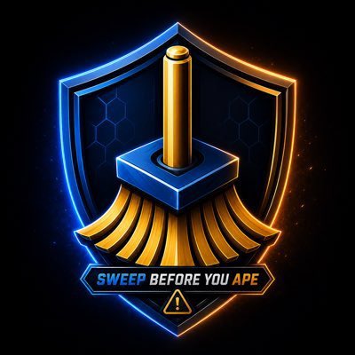A futuristic gold and blue shield logo featuring a stylized broom with a warning triangle, displaying the text "SWEEP BEFORE YOU APE" — visually reinforcing the $SWEEP token branding referenced in the post about ShibaXanders joining as a strategic advisor.
