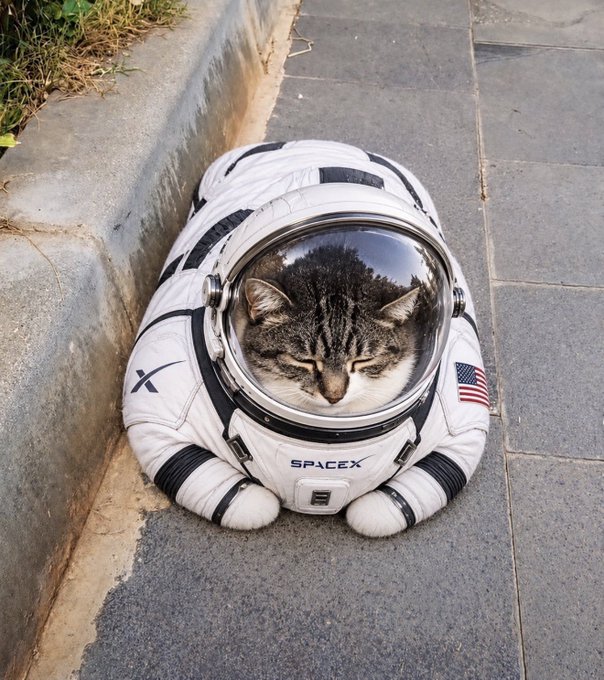 A cat with its face inside the helmet visor of a SpaceX astronaut suit, which is laid on the ground between a curb and stone pavement; the suit displays an American flag patch and the 'SpaceX' logo.