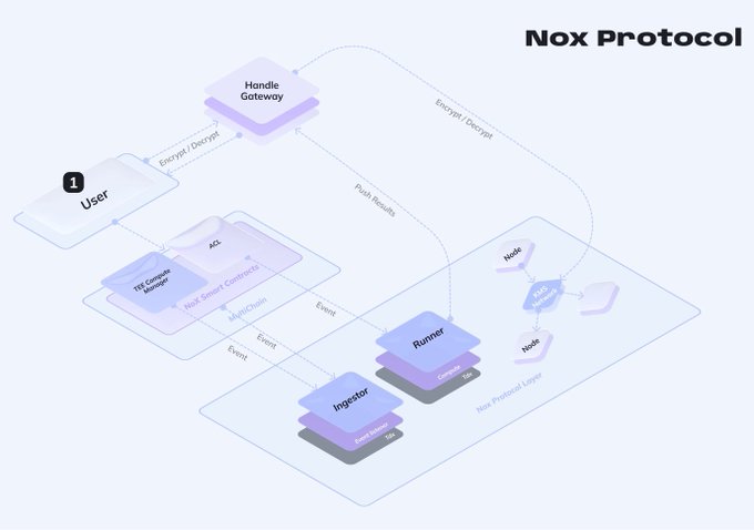 A technical diagram titled 'Nox Protocol' illustrating a system architecture with components including User, Handle Gateway, TEE Compute, Ingestor, and Runner connected through encrypted channels and event flows.