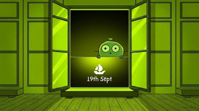 A green cartoon blob character with big eyes peeks over an open window in a green room, with the "Blobbies" logo and the date "19th Sept" displayed in the center, announcing the Blobbies NFT collection drop on OpenSea at 5pm UTC, with mint prices of $0.25 for whitelist and $0.75 for public.