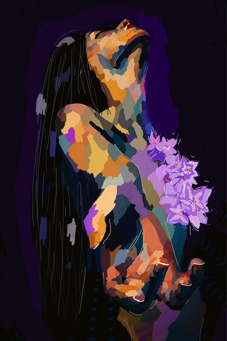 This abstract digital artwork captures a person in an introspective pose, with a floral touch resembling orchids, set against a deep purple background that could symbolize a night sky, evoking a sense of aspiration or contemplation. The quote, "Today I minted my first piece of art on @TeiaCommunity..." likely refers to the artist's experience of creating and releasing this piece as a non-fungible token (NFT), which is a digital certificate of ownership and authenticity, typically on the Tezos blockchain (indicated by the hashtag #xtz). The artist expresses gratitude to the communities involved, including @MiRetratito and @Tez2ndMarket, which may be platforms or communities within the NFT space, suggesting a collaborative and supportive network.