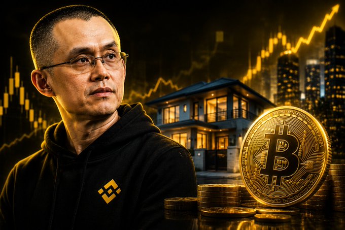 An illustration of a man in a black Binance hoodie beside a house, with a large Bitcoin coin and an upward-trending golden chart in the background.
