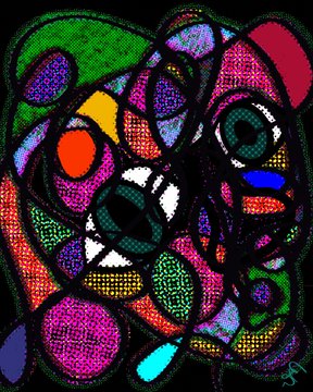 Abstract digital art with colorful textured shapes in green, purple, red, and blue forming a stylized face-like pattern.