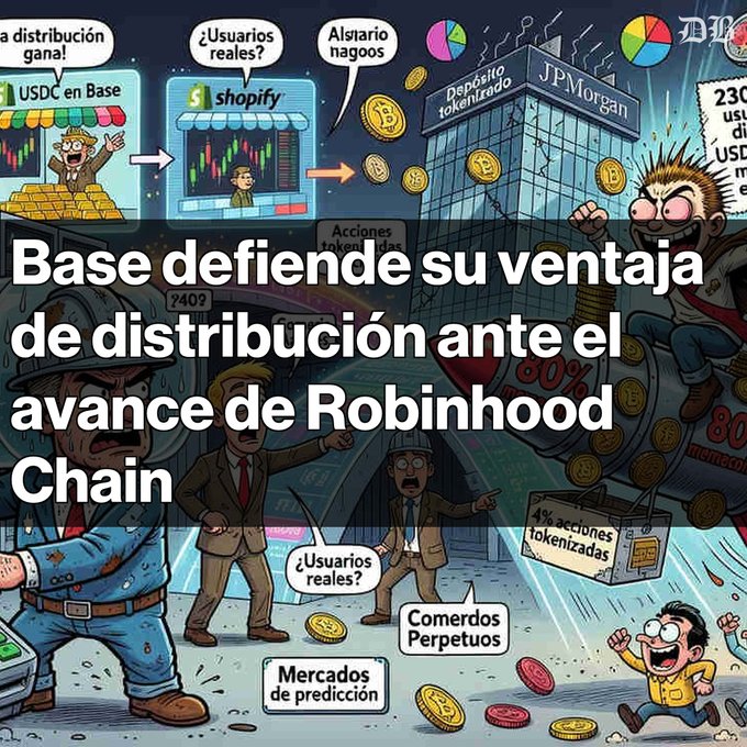 A Spanish-language crypto cartoon with the headline 'Base defiende su ventaja de distribución ante el avance de Robinhood Chain,' depicting characters discussing tokenized stocks, JPMorgan, and prediction markets.