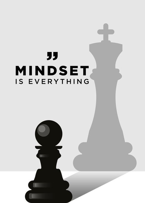 A motivational poster featuring a black pawn and a shadow shaped like a king chess piece, with the quote 'MINDSET IS EVERYTHING.'