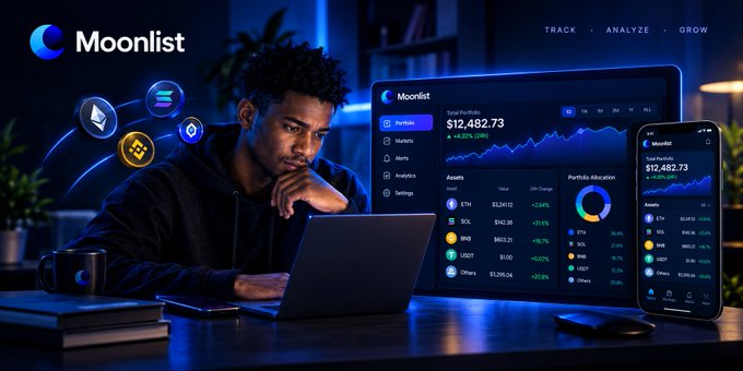 A digital ad for 'Moonlist' shows a man looking at a laptop displaying a cryptocurrency portfolio dashboard with a balance of '$12,482.73', alongside a mobile phone and floating icons representing blockchain technology.