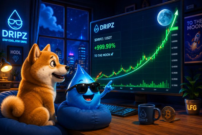 A cartoon Shiba Inu dog and a blue water-drop character with sunglasses sit on a couch looking at a screen showing a 'DRIPZ' token chart with 'SDRIPZ/USDT +999.99% TO THE MOON' and Bitcoin and 'LFG' items nearby.
