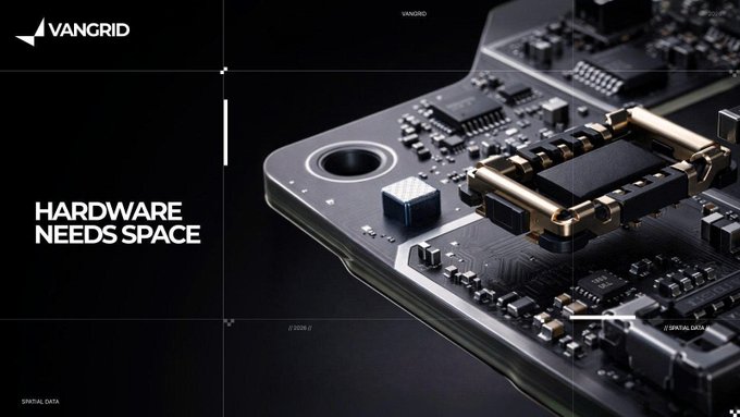 A promotional banner for 'VANGRID' featuring a circuit board with the tagline 'HARDWARE NEEDS SPACE' on a black background.