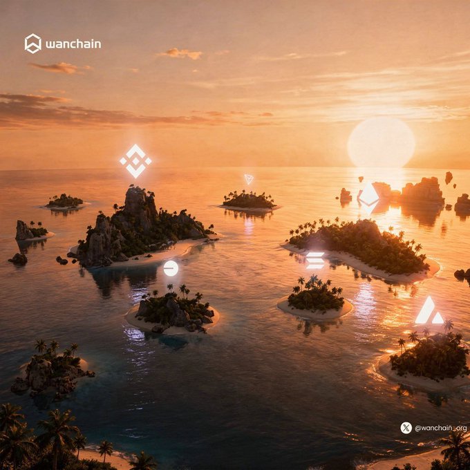 The image shows a beautiful sunset over an ocean filled with small islands. The sun is setting, casting a warm glow across the scene. There are several islands scattered throughout the water, each one unique and distinct. Some of these islands have logos on them, possibly representing different businesses or organizations. The image also contains text that reads "A limitless ocean of opportunity awaits you. So why be stuck on a single island? Wanchain is the infrastructure that bridges blockchains, similarly to how bridges connect islands! It'S time to go crosschain and discover new opportunities bridgewain.org". This message encourages viewers to explore beyond their current island or business, connecting with others and discovering new possibilities in the vast ocean of opportunities.