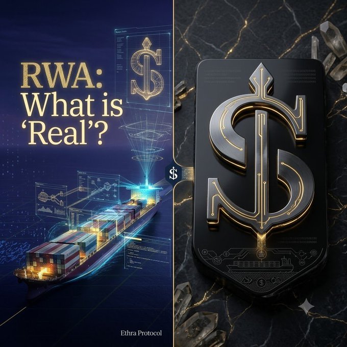 An Ethra Protocol promotional graphic asking 'RWA: What is 'Real'?' showing a cargo ship with digital holographic overlays and a metallic dollar sign emblem.