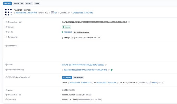 The image shows an Etherscan transaction details page for a successful Transfer of 8.72M $FET from address 0xb424A43...705ADF3A3 to 0x2dcc1085...37cc21dfE, with a value of approximately 8 ETH ($0.00) and a timestamp of 1 year ago on September 19, 2025, which corresponds to the $1.54M Fetch AI exploit mentioned in the post.