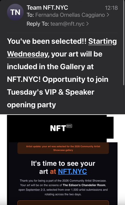 An email screenshot from Team NFT.NYC addressed to Fernanda Ornellas Caggiano, notifying the recipient that their art has been selected for the 2026 Community Artist Showcase gallery at NFT.NYC.