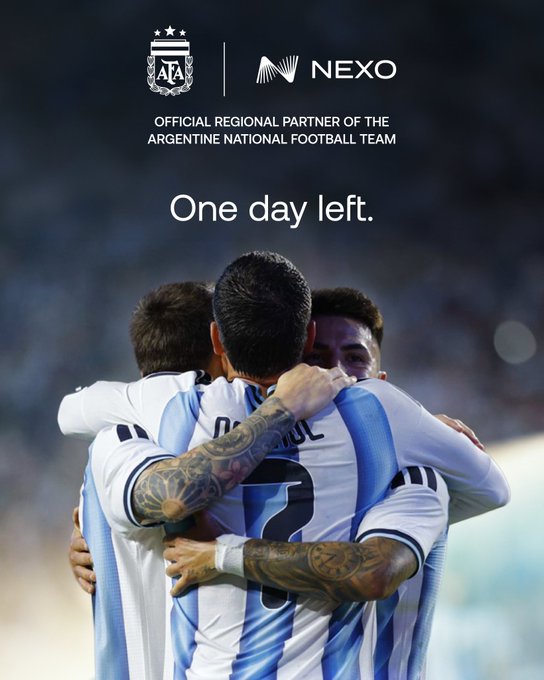 Three Argentine national football team players embrace in their iconic white and light blue striped jerseys, with the AFA crest and NEXO logo displayed above the text "One day left" and "Official Regional Partner of the Argentine National Football Team."

The post's theme of "Not just partners. Believers." aligns with the image's emotional depiction of unity and brotherhood, framing NEXO's sponsorship as a relationship of shared passion and belief in the Argentine team rather than just a business arrangement.