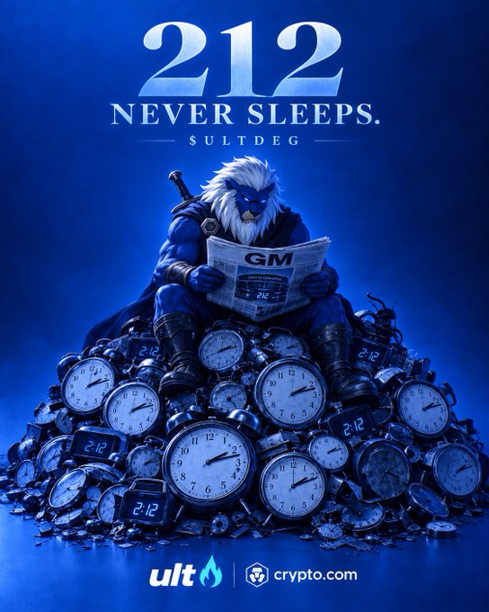 Promotional poster with the text '212 NEVER SLEEPS. SULTDEG' featuring a white-haired warrior reading a newspaper labeled 'GM' while sitting on a pile of clocks, with 'ult' and 'crypto.com' logos at the bottom.