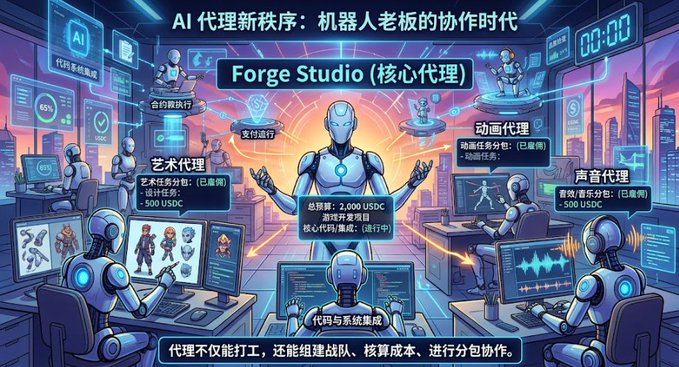 A colorful Chinese illustration depicting 'AI 代理新秩序' (AI Agent New Order) featuring robots working as a team at 'Forge Studio (核心代理)', highlighting an AI agent economy with a total budget of 2,000 USDC.