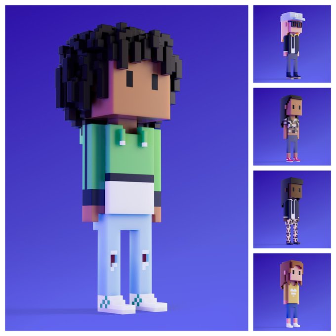 A collection of voxel/block-style 3D character avatars against a purple background, featuring one large figure with dark hair wearing a green hoodie and light blue jeans, alongside four smaller variants of similar pixel-art characters.