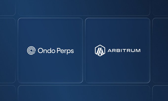 The image displays the logos of Ondo Perps and Arbitrum side-by-side on a dark blue background, visually representing the Ondo Perps platform's deployment on the Arbitrum network. The graphic accompanies data highlighting Ondo Perps' growth, with cumulative volume tripling from $2B to $6B and open interest expanding from $21M to $75M—indicating a shift from reward-driven activity to genuine trading positioning on the Arbitrum-based platform.