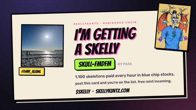A promotional digital card for 'Skellykuntz' and 'Robinhood Chain' cryptocurrency project featuring a cartoon skull with bat wings wearing a dollar-sign shirt, with text advertising '1,100 skeletons paid every hour in blue chip stocks' and the pass code 'SKULL-FMDFM'.