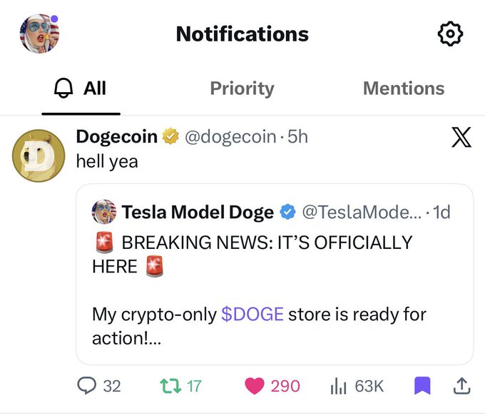 A Twitter notifications screen showing a post from Dogecoin @dogecoin reading 'hell yea' in reply to 'Tesla Model Doge @TeslaMode...' announcing 'BREAKING NEWS: IT'S OFFICIALLY HERE - My crypto-only $DOGE store is ready for action!...' with 32 replies, 17 retweets, 290 likes, and 63K views.