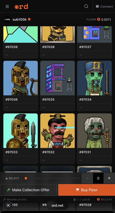 Screenshot of the Wizards of Ord NFT marketplace showing pixel art wizard NFT cards #97031-#97039 in the 'sub100k' collection, with a 'Buy Floor' button priced at 0.0011 ETH ($1.1).