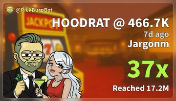 A promotional graphic from @RickBurpBot showcasing the HOODRAT token's 37x gains, reaching 17.2M, posted 7 days ago by user Jargonm, with cartoon figures holding drinks against a casino-themed background. The post highlights multiple crypto picks including $HOODRAT, $WIF, and $ROBIN, tying into the image's celebratory "summer gains" theme.