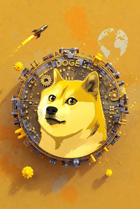 A digital illustration featuring a Shiba Inu dog (associated with DOGE) within a mechanical golden coin frame with 'DOGE' written on it, set against an orange background with a small rocket ship and Earth visible.