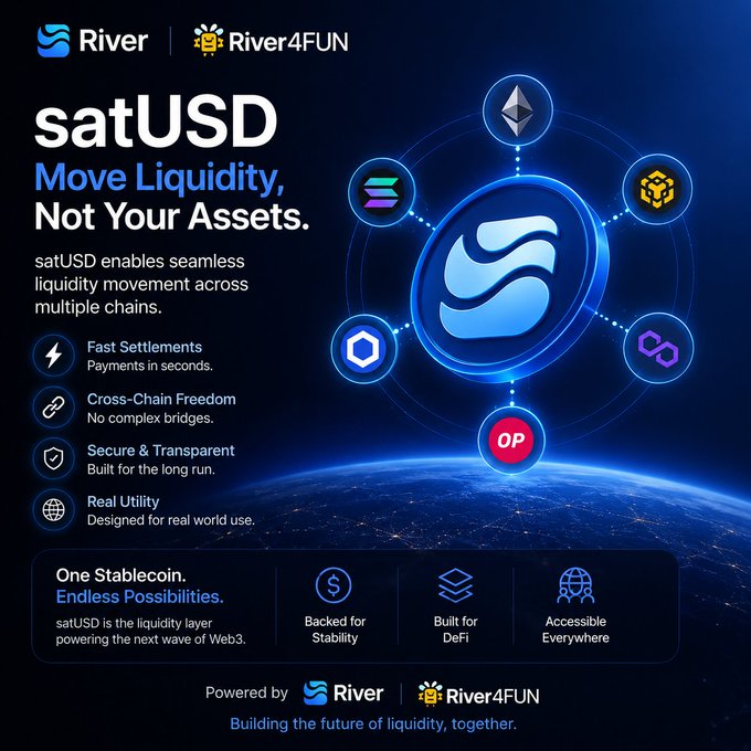 The image features a blue circle with various symbols representing different cryptocurrencies, including Bitcoin, Ripple4Fun, SatUSD, and OP. The text above the image reads "satUSD move liquidity, not your assets." Below this, there are descriptions of what each symbol represents in terms of cryptocurrency movement and transferability.