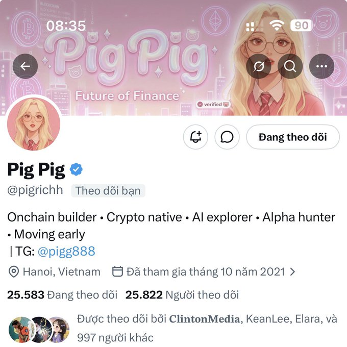 A Twitter/X profile page for 'Pig Pig' (@pigrichh), a verified account with 25,583 following and 25,822 followers, describing themselves as an onchain builder and crypto native based in Hanoi, Vietnam, joined October 2021.