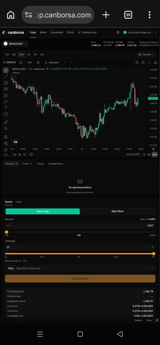 A mobile screenshot of the Canborsa trading platform showing an XAU/USD (Gold) chart on a 15-minute timeframe with current price around 1,266.40. The trading interface displays 'No opened positions' along with options for Buy/Long and Sell/Short orders.