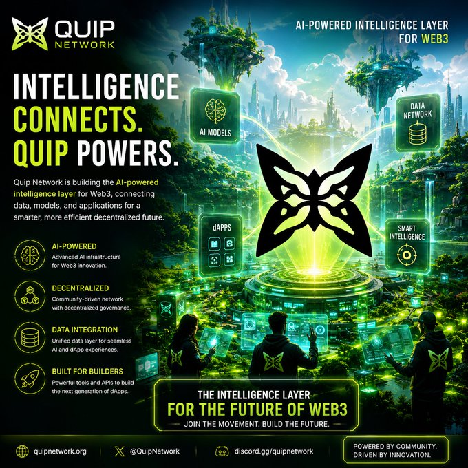 A promotional graphic for 'QUIP NETWORK' advertising 'AI-Powered Intelligence Layer for Web3' with features including AI-Powered, Decentralized, Data Integration, and Built for Builders.