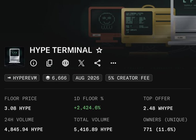 The image shows a listing page for "HYPE TERMINAL" on HyperEVM with a floor price of 3.08 HYPE, displaying 771 unique owners and a 24h volume of 4,845.94 HYPE, which contextualizes the post's claim about the relative scarcity of Hype Terminal compared to three Hyperliquid items being offered for it.
