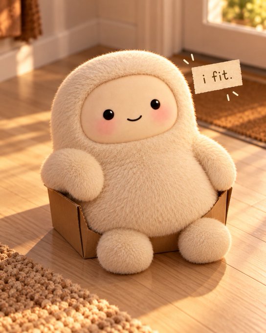 A cute, fluffy cream-colored plush creature with a smiling face sits in a small cardboard box on a wooden floor, accompanied by a handwritten note that reads 'i fit.'