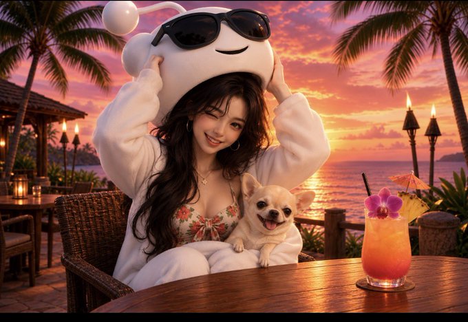 A woman in a white hoodie with a bear-eared hood sits at a beachfront table at sunset with a small chihuahua, with a tropical cocktail garnished with a flower beside them.