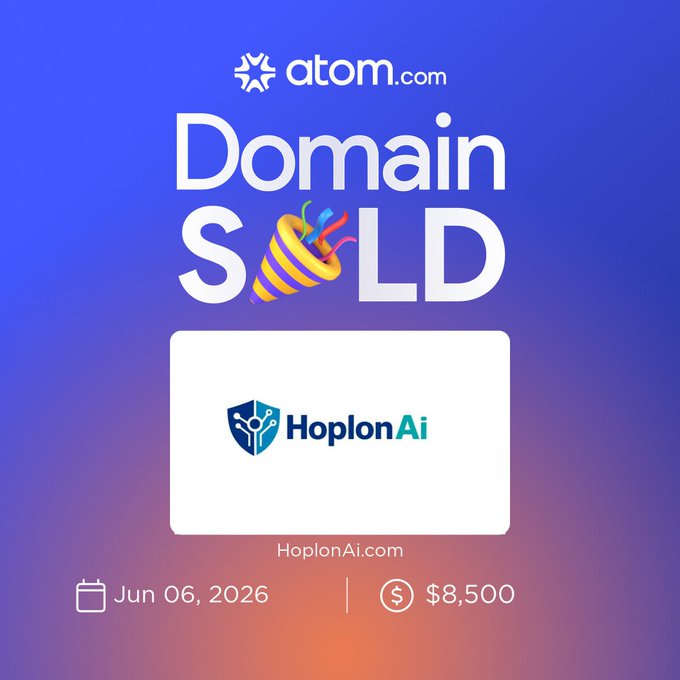 The image depicts an advertisement featuring a blue background with "Domain SOLD" printed in white text at the top, accompanied by the logo of Hoplon AI in blue, below a white border with orange highlights. A small white box indicates that the sale is happening on Saturday and Sunday, from June 6 through June 8, appearing to be for $5 each. The text includes information about a price change: now priced at $8,500 instead of the usual $6.