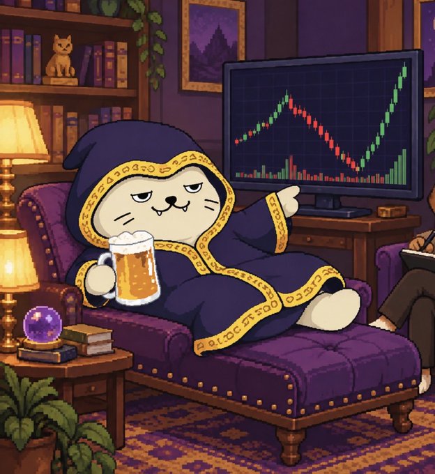A pixel art illustration of a smug-looking cat character in a wizard/mage robe holding a beer mug, lounging on a purple chaise lounge in a cozy study with a stock chart showing green gains on the monitor.