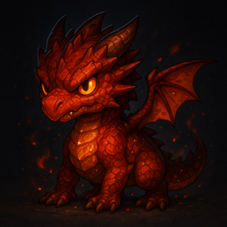 A small red dragon with glowing yellow eyes and wings sitting in a dark, fiery environment.