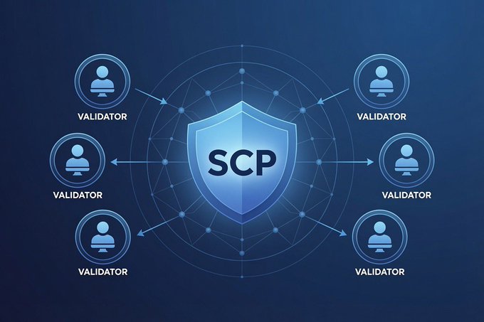 Diagram showing a central 'SCP' shield connected to six surrounding 'VALIDATOR' nodes, illustrating a network security or consensus architecture.