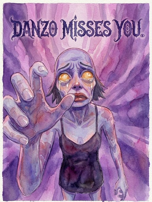 A purple-toned watercolor illustration of a bald, crying figure reaching out with a large hand, with the text 'DANZO MISSES YOU' at the top.