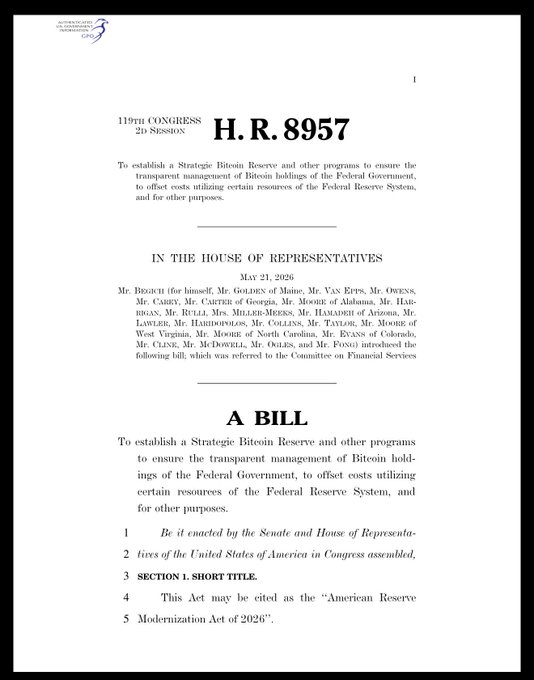 A page from H.R. 8957, a 119th Congress bill introduced May 21, 2026 to establish a Strategic Bitcoin Reserve, called the 'American Reserve Modernization Act of 2026'.