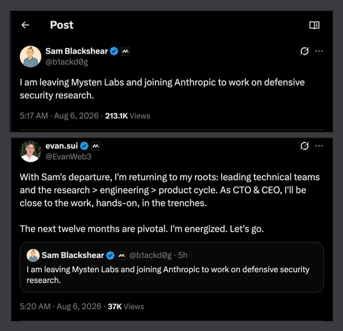 Screenshots of two X/Twitter posts: Sam Blackshear (@b1ackd0g) announcing he's leaving Mysten Labs to join Anthropic for defensive security research, and evan.sui (@EvanWeb3) responding about returning to lead technical teams as CTO & CEO.