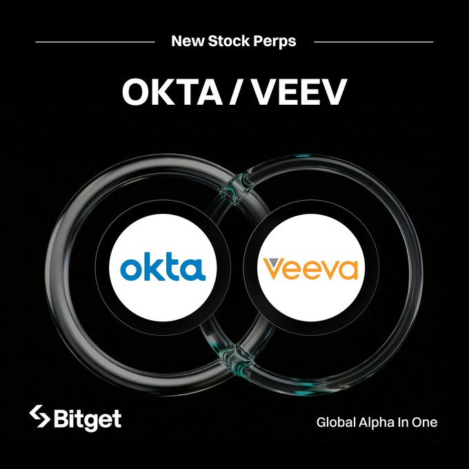 Bitget announces new Stock Perps listings for OKTA and VEEV, featuring their logos in interconnected rings on a black background with the tagline "Global Alpha In One."