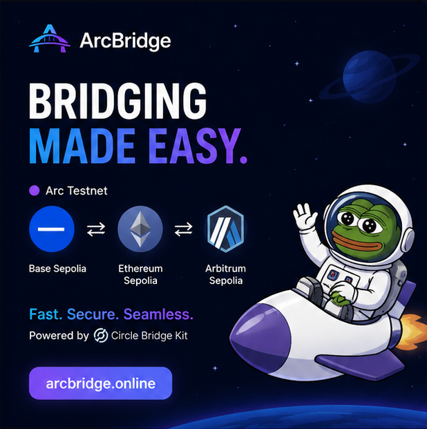 An advertisement for 'ArcBridge' promoting 'BRIDGING MADE EASY' across Arc Testnet, connecting Base Sepolia, Ethereum Sepolia, and Arbitrum Sepolia, powered by Circle Bridge Kit.