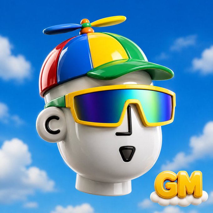 The image features a white ceramic figurine of a person wearing sunglasses, a colorful hat with a propeller, and a pair of glasses. The figurine appears to be flying through the air against a blue sky filled with clouds. The caption below the image reads "Gm Gm @npconchain FAM happy Sunday".